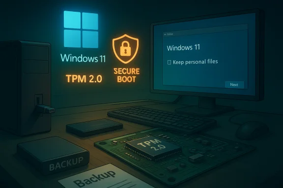 Windows 11 setup scene showing TPM 2.0 and Secure Boot icons on a desk with backup hardware.