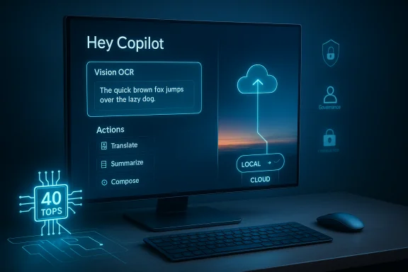 Neon blue AI Copilot UI on a monitor showing Vision OCR, actions, and cloud/local data flow.
