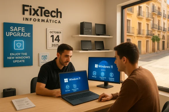Two men in a tech shop discuss Windows 11 on laptops. Two men in a tech shop discuss Windows 11 on laptops.