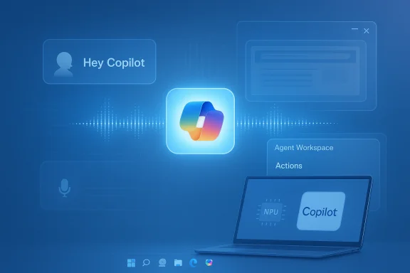 Blue futuristic UI with a glowing Copilot logo and holographic panels around a laptop.