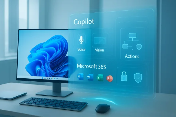 A futuristic holographic Copilot interface floats over a modern desktop setup with a monitor, keyboard, and mouse.