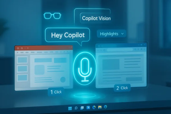 Blue holographic Copilot Vision UI with Hey Copilot prompts and a glowing mic icon.