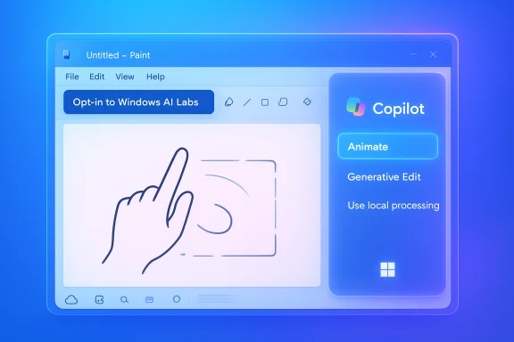 A Windows Paint window with a right-side Copilot panel featuring Animate and Generative Edit. A Windows Paint window with a right-side Copilot panel featuring Animate and Generative Edit.