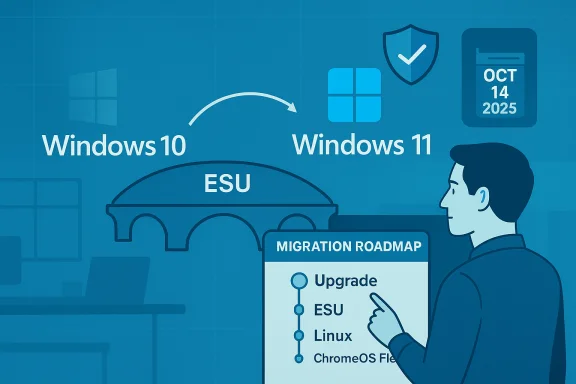 A blue infographic showing Windows 10 upgrading to Windows 11, with ESU and a migration roadmap.