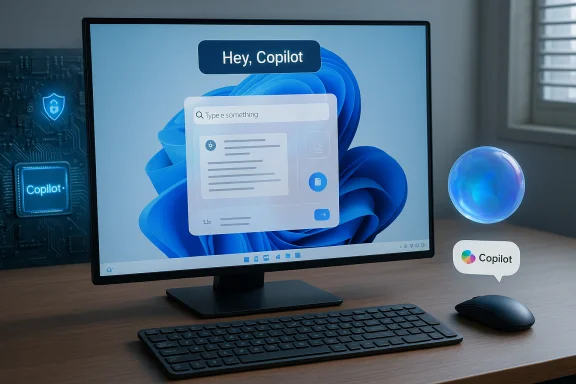 A computer monitor displays 'Hey, Copilot' with a floating Copilot chat UI on a Windows-like desktop.