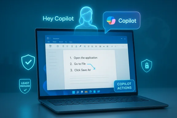 Laptop screen shows Copilot AI guiding a document workflow amid security icons.