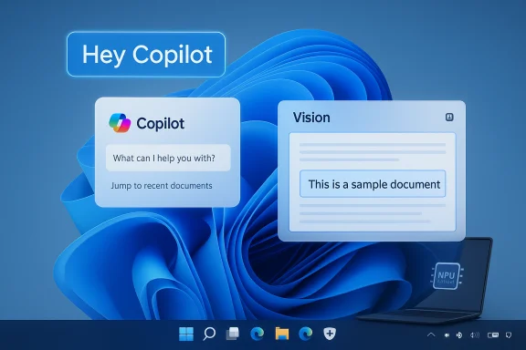 Windows 11-style UI with a neon Hey Copilot prompt and floating Copilot and Vision panels.