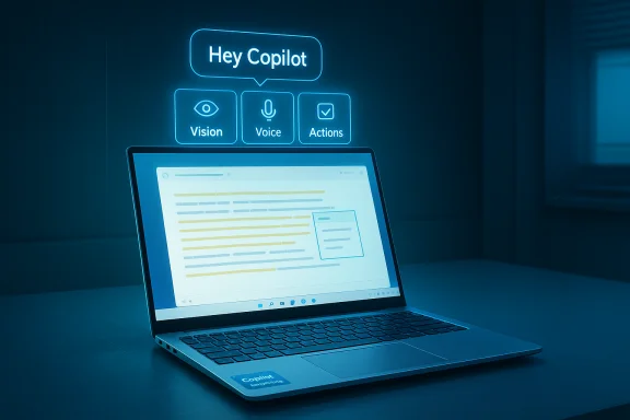 Laptop on a desk with a glowing 'Hey Copilot' UI offering Vision, Voice, and Actions.