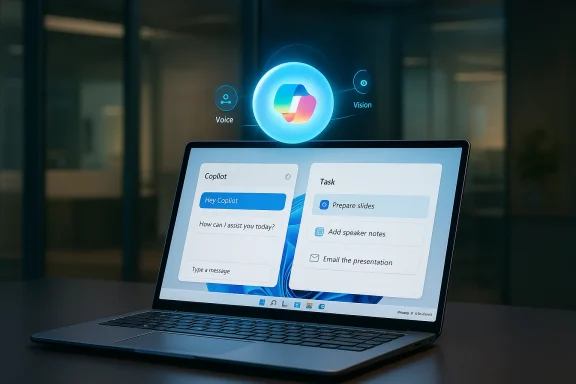 Laptop screen shows Copilot task panels; a glowing holographic Copilot icon hovers above.