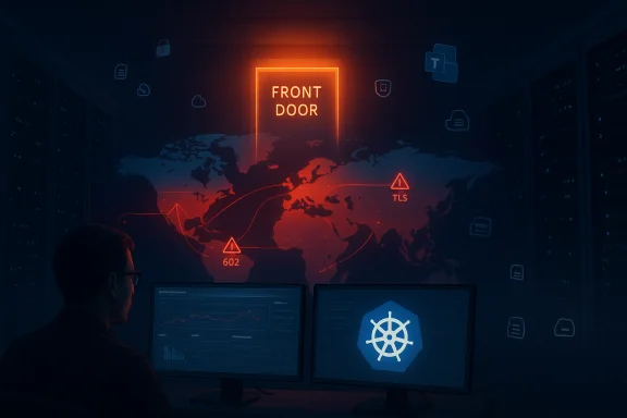 A security analyst monitors a glowing world map with a front-door alert in a dark data center. A security analyst monitors a glowing world map with a front-door alert in a dark data center.