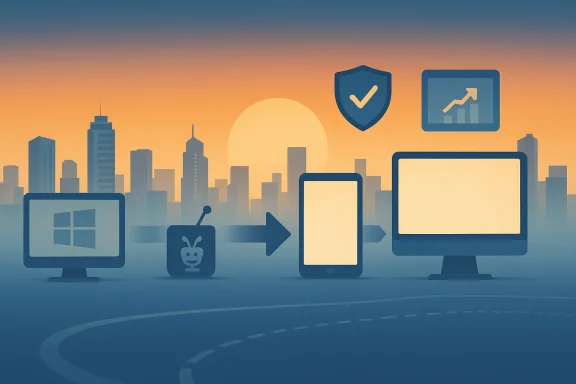 Sunset cityscape with connected devices—PC, tablet, and phone—highlighting secure, integrated technology.