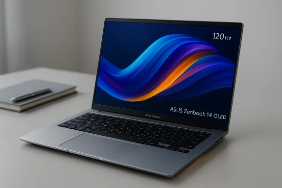 ASUS Zenbook 14 OLED laptop with a vibrant wave wallpaper on a desk. ASUS Zenbook 14 OLED laptop with a vibrant wave wallpaper on a desk.
