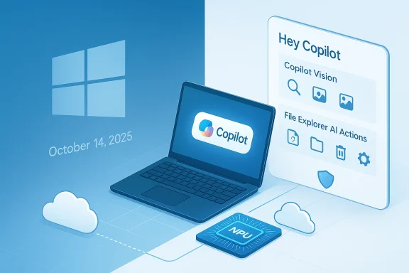 Blue Windows concept: a laptop running Copilot with Copilot Vision and AI Actions, plus an NPU chip.