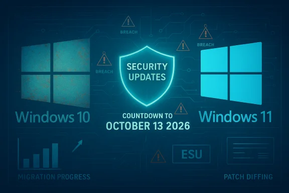 Center shield shows Security Updates with countdown to Oct 13, 2026, flanked by Windows 10 and Windows 11 logos. Center shield shows Security Updates with countdown to Oct 13, 2026, flanked by Windows 10 and Windows 11 logos.