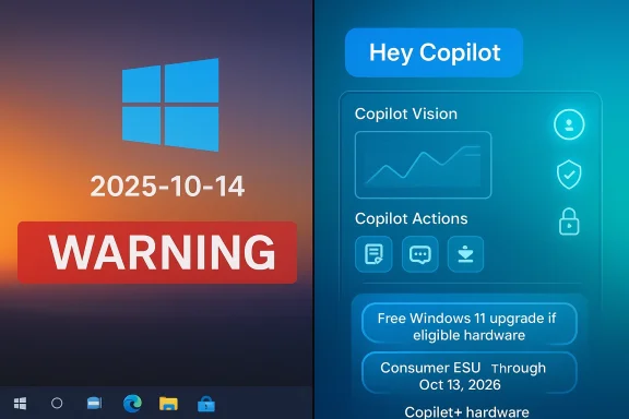 Split-screen: Windows 11 warning screen on the left and a Copilot UI panel on the right.