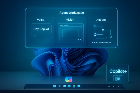 A neon holographic Agent Workspace UI showing Voice, Vision, and Actions with a Copilot+ card.