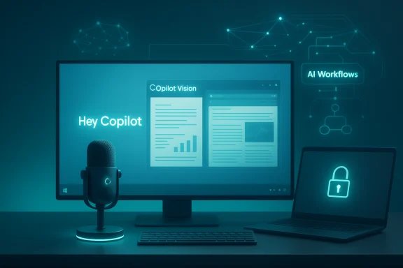 AI workstation with Copilot Vision on screen, microphone, and a secured laptop.