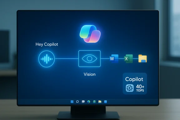 Monitor shows a Copilot Vision workflow with app icons and a 40+ TOPS badge.