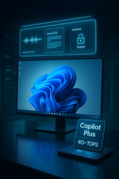 A futuristic desk setup with a glowing holographic UI and a Copilot Plus badge.