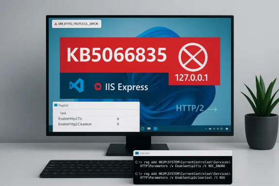 Monitor shows a red KB5066835 error banner over IIS Express with RegEdit.