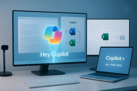 A sleek desk setup with multiple screens and a laptop displaying Copilot branding.