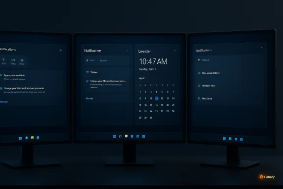 Three curved monitors on a desk display a dark Windows-like UI with notifications and a calendar. Three curved monitors on a desk display a dark Windows-like UI with notifications and a calendar.