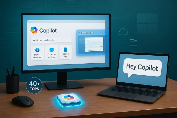 Desk setup with Copilot UI on a monitor and a laptop displaying 'Hey Copilot'.