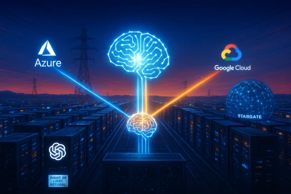Futuristic data center with a neon brain network linking Azure, Google Cloud, and Stargate. Futuristic data center with a neon brain network linking Azure, Google Cloud, and Stargate.