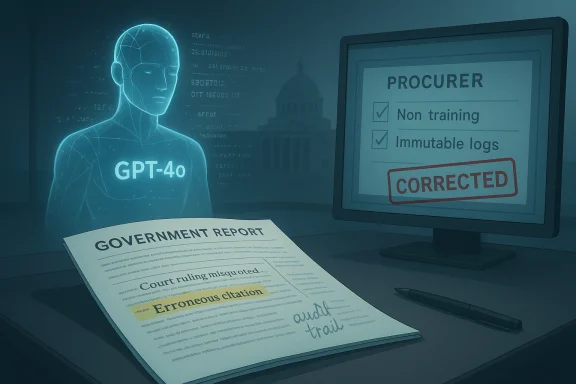 A holographic GPT-4o surveys a government report as a monitor displays CORRECTED and checked logs. A holographic GPT-4o surveys a government report as a monitor displays CORRECTED and checked logs.