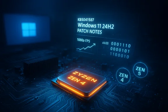 Glowing Zen 4 processor on a motherboard with a holographic Windows 11 patch notes display. Glowing Zen 4 processor on a motherboard with a holographic Windows 11 patch notes display.