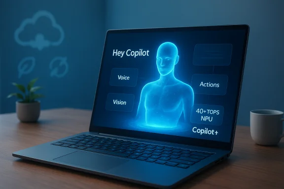 A laptop screen shows a blue holographic Copilot interface with Voice, Vision, and Actions.