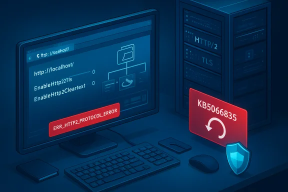 A computer monitor shows an HTTP/2 protocol error (ERR_HTTP2_PROTOCOL_ERROR) with a server rack and security shield.