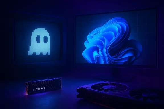 Neon-blue tech setup featuring a pixel ghost on a retro monitor, a blue abstract display, an NVMe SSD, and a GPU.