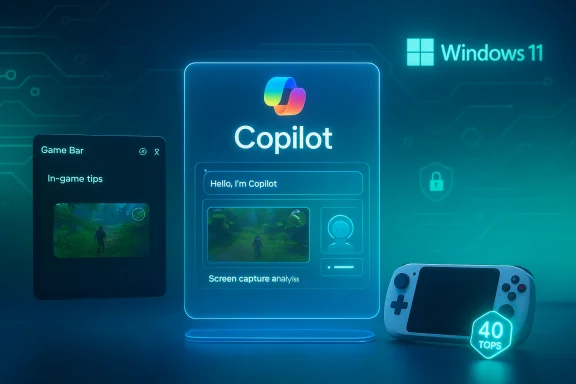 Futuristic Windows 11 Copilot interface with Game Bar tips, a handheld console, and a 40 TOPS badge.