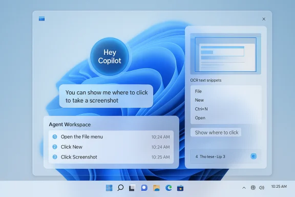 Windows 11 Copilot UI showing a 'Hey Copilot' bubble and Agent Workspace tasks.