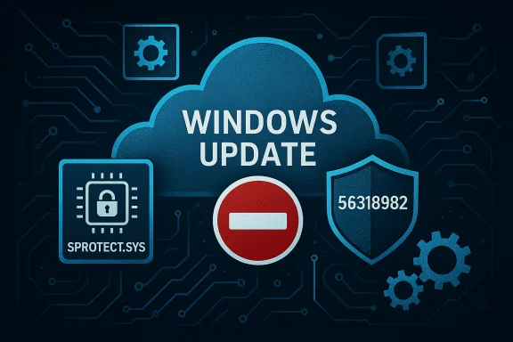 Tech illustration featuring a Windows Update cloud with security icons and circuit background.