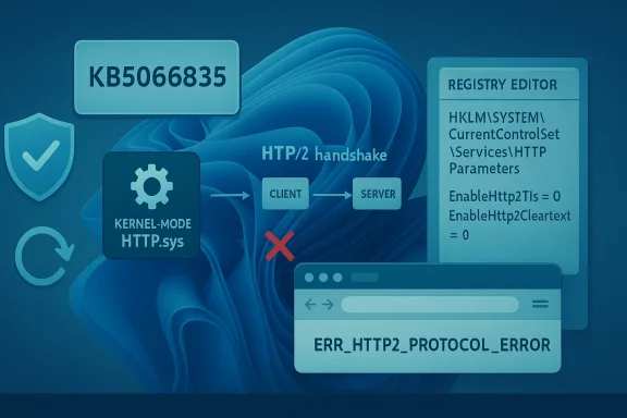 Diagram of an HTTP/2 handshake failure in Windows, showing kernel-mode HTTP.sys error and registry edits.