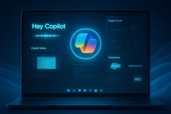 A neon blue Copilot interface glows on a laptop screen, showing charts and connectors.