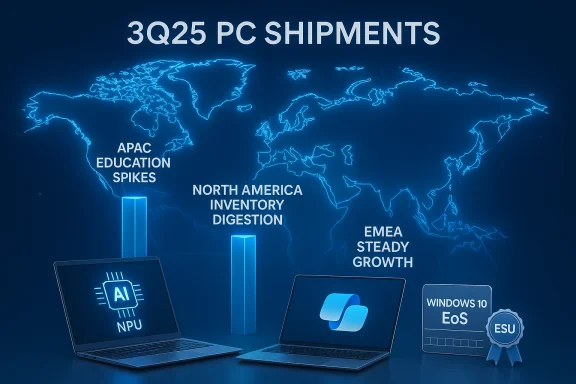 Global PC shipments by region show APAC education spikes, North America inventory digestion, and EMEA steady growth.