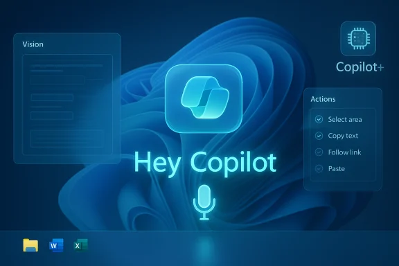 A futuristic blue Copilot UI screen with Hey Copilot prompt and action panels.