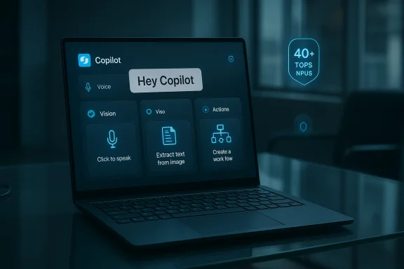 Laptop screen shows Copilot UI with Hey Copilot and panels for Voice, Vision, and Actions.