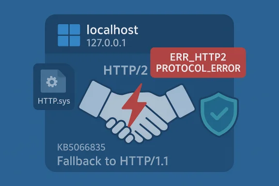 Illustration of an ERR_HTTP2_PROTOCOL_ERROR with fallback to HTTP/1.1 on localhost (127.0.0.1).