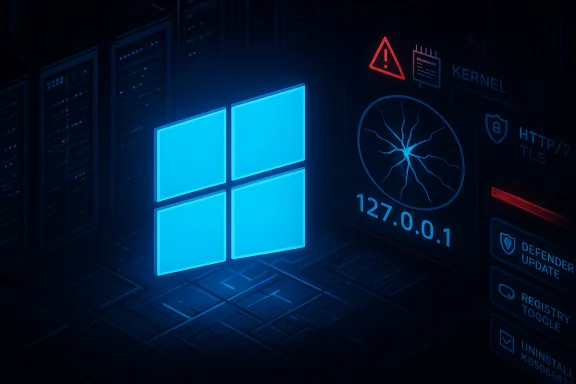 A glowing Windows logo lights up a dark data center filled with servers and network graphics.