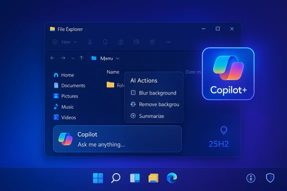 Windows-style File Explorer featuring Copilot+ AI actions panel.