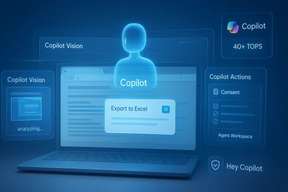 Blue holographic Copilot UI with Export to Excel and multiple panels.