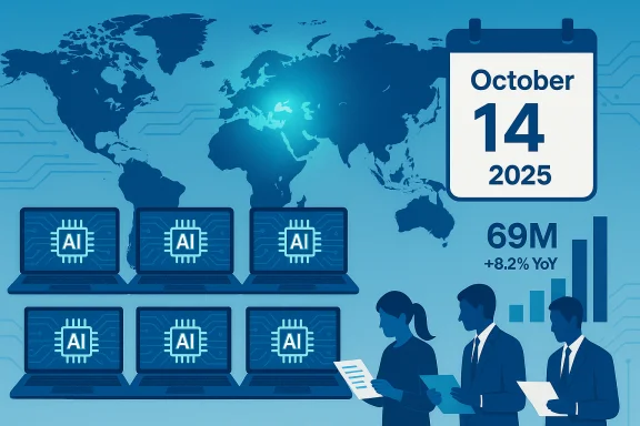 Global AI tech scene with laptops displaying AI icons, a world map, and Oct 14, 2025 calendar.