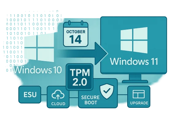 Diagram showing Windows 10 upgrading to Windows 11 with TPM 2.0 and Secure Boot.