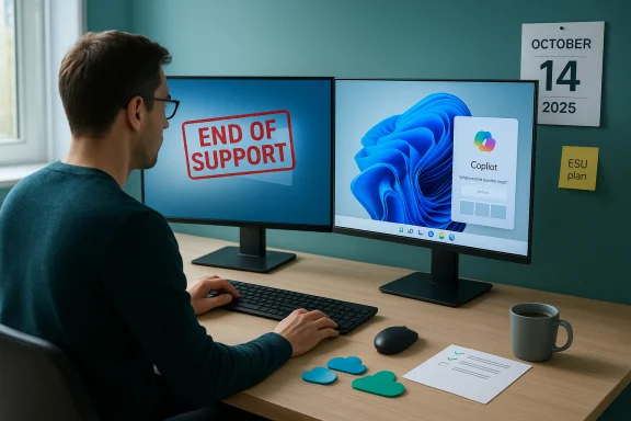 A man sits at a dual‑monitor desk setup, with the left screen displaying “END OF SUPPORT.”