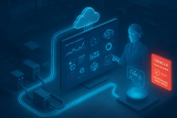 Neon blue cloud analytics screen displays real-time data as a support agent interfaces with Oracle Fusion Cloud SCM.