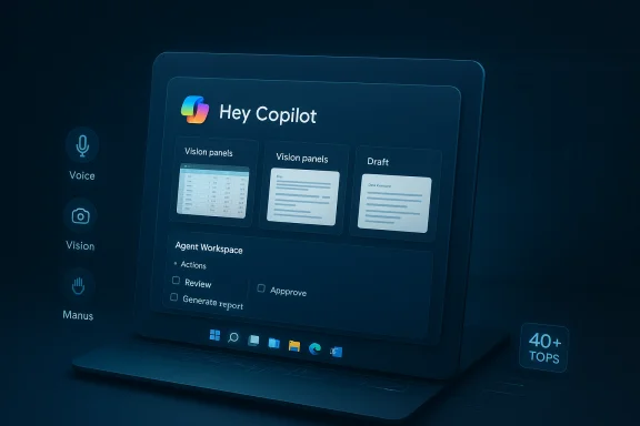 Futuristic laptop UI labeled 'Hey Copilot' with multiple blue panels and icons.